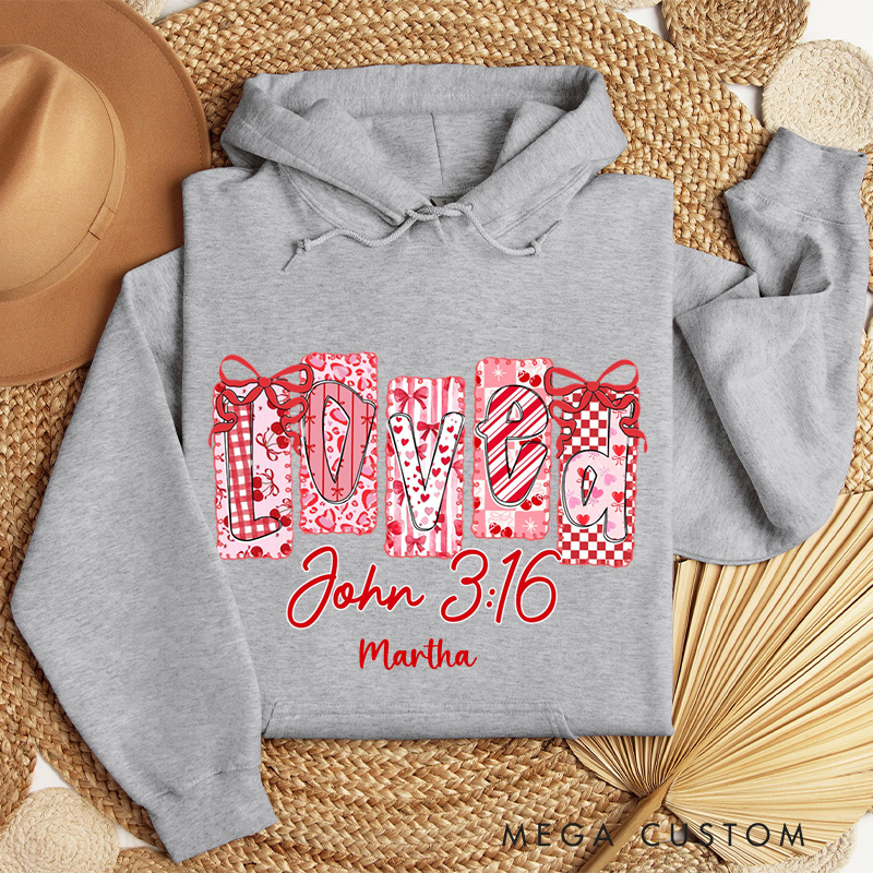 Personalized Loved John 3:16 Classic Hoodies with Name Retro Bible Verse Hoodies Religious Gift Valentines Day Gift for Girls