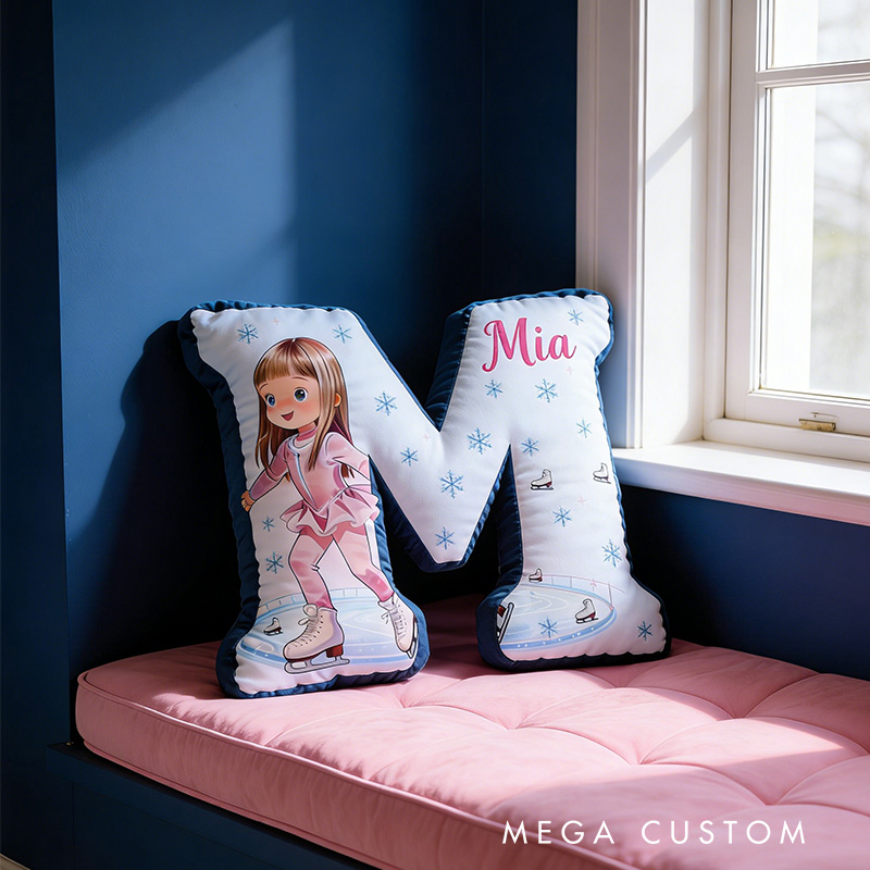Personalized Graceful Cartoon Skater Ice Skating Alphabet Shaped Pillow for Ice Skate Lovers Initial Pillow Christmas Gift for Kids