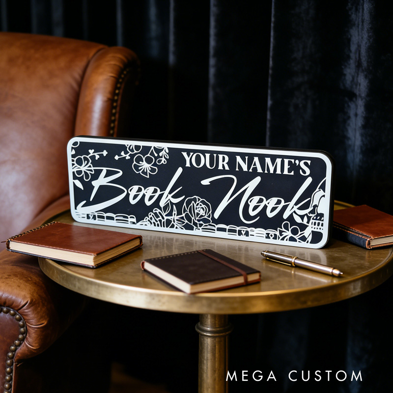 Personalized Floral Bookish Library Sign 3D Printed Book Nook Decor with Name Bookshelf Shelf Sitter Book Lover Gift for Bookish Bookworm Reader