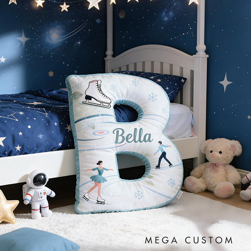 Personalized Winter Fun Ice Skating Alphabet Shaped Pillow for Ice Skate Lovers Initial Pillow Christmas Gift for Kids