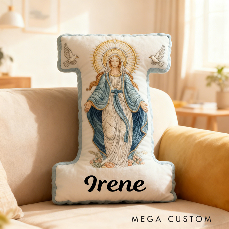 Personalized Virgin Mary Letter Pillow with Custom Name Christian Home Decor Catholic Gift for Her Our Lady of Grace Doves and Floral Graphic 3D Print