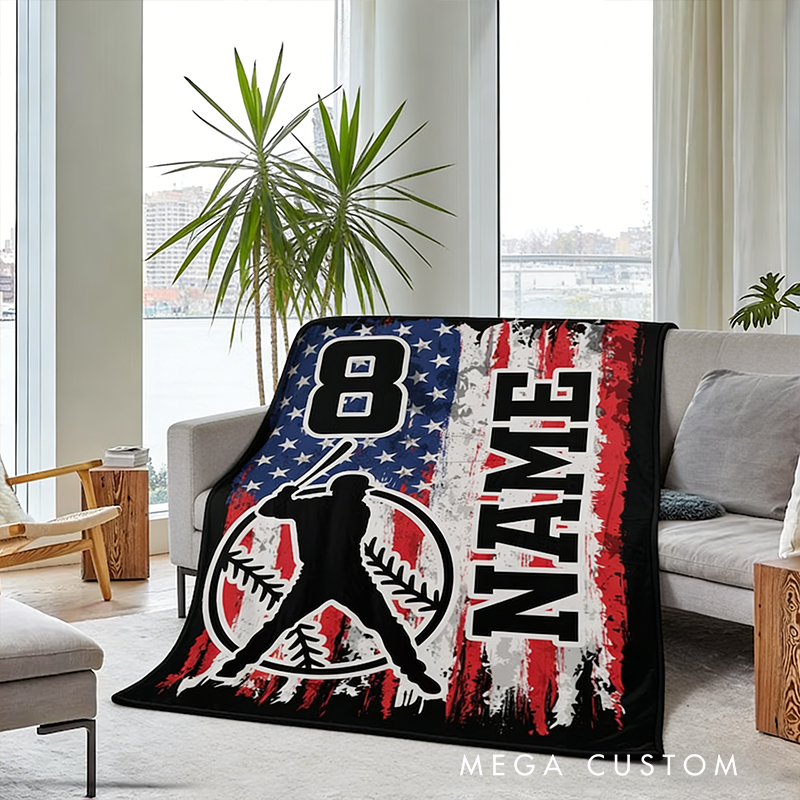 Personalized Baseball Blanket with Custom Name Number and Patriotic Design