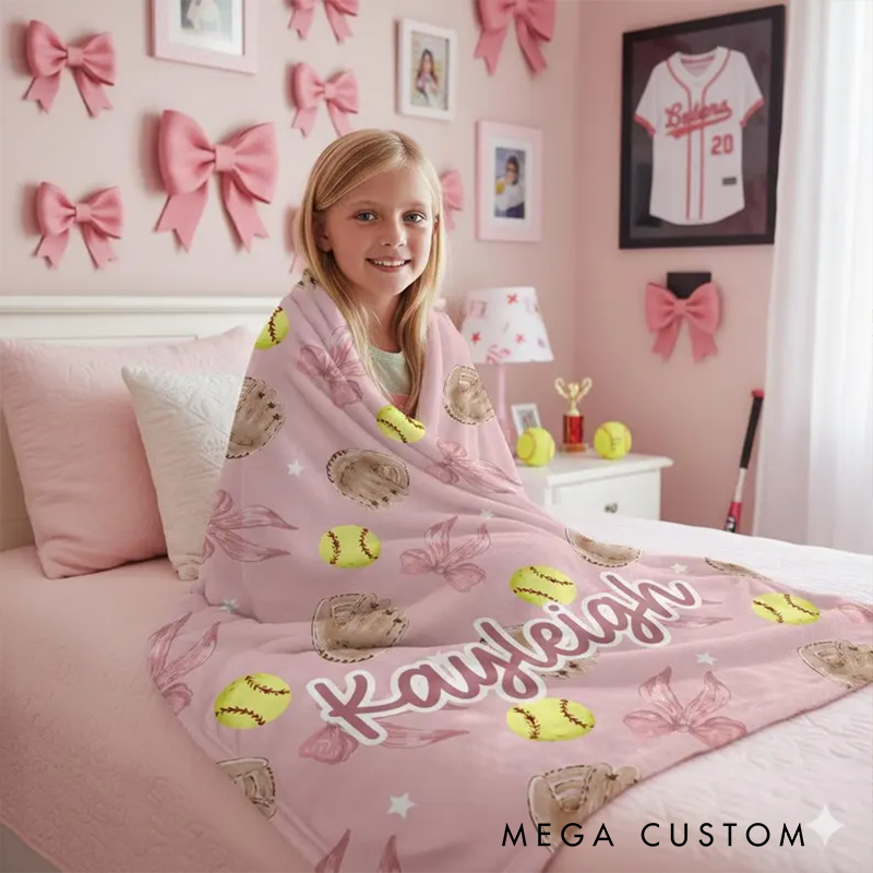 Personalized Softball Blanket with Custom Name and Cute Pink Design