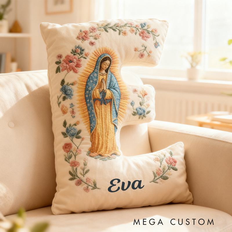 Personalized Virgen de Guadalupe Letter Pillow with Custom Name Religious Home Decor Catholic Gift for Her Blessed Mother Gift Floral Graphic 3D Print