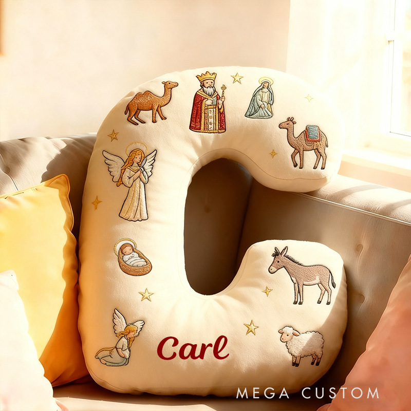 Personalized Christmas Nativity Ccene Letter Pillow with Custom Name Hoom Decor Christian Gift Baby Jesus Angel Shepherd Camel Donkey Graphic 3D Print