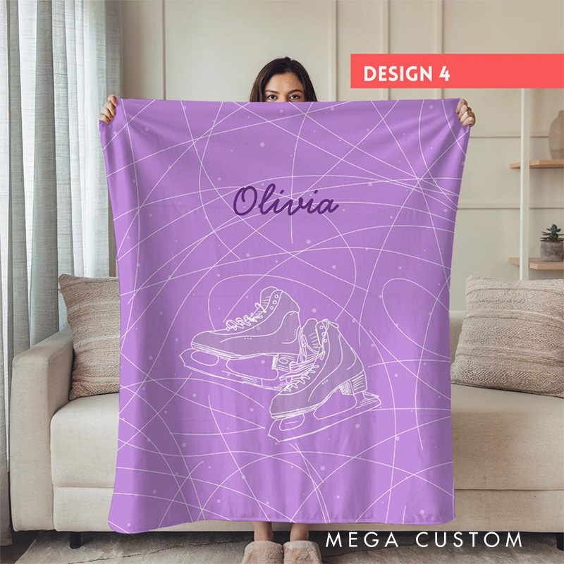 Personalized Ice Skates Line Art Blanket Flannel Blanket Figure Skater Blanket with Name for Ice Skating Lovers Birthday Gift for Girls