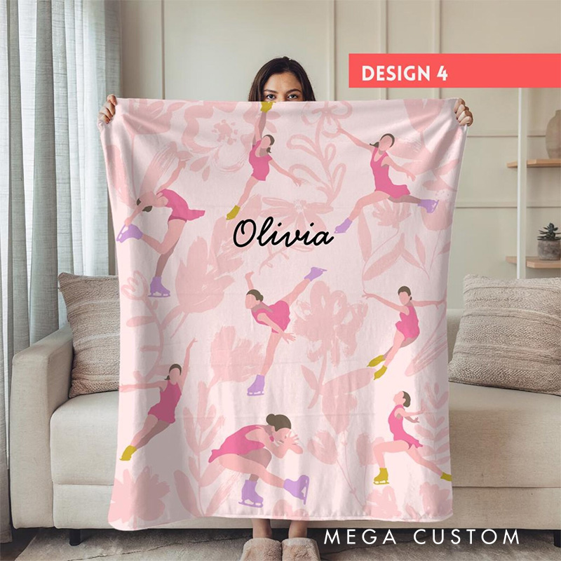 Personalized Flora Ice Skates Blanket Flannel Blanket Figure Skater Blanket with Name for Ice Skating Lovers Birthday Gift for Girls