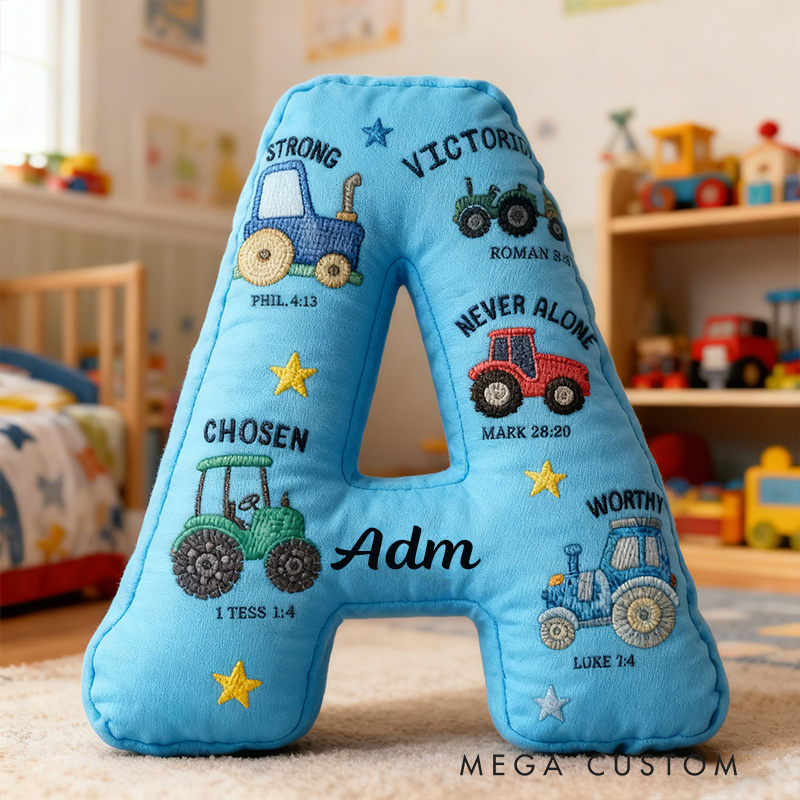 Personalized God Says I am Bible Verse Tractors Letter Pillow with Custom Name Kids Room Decor Religious Gift for Boys Scripture Baptism Gift 3D Print
