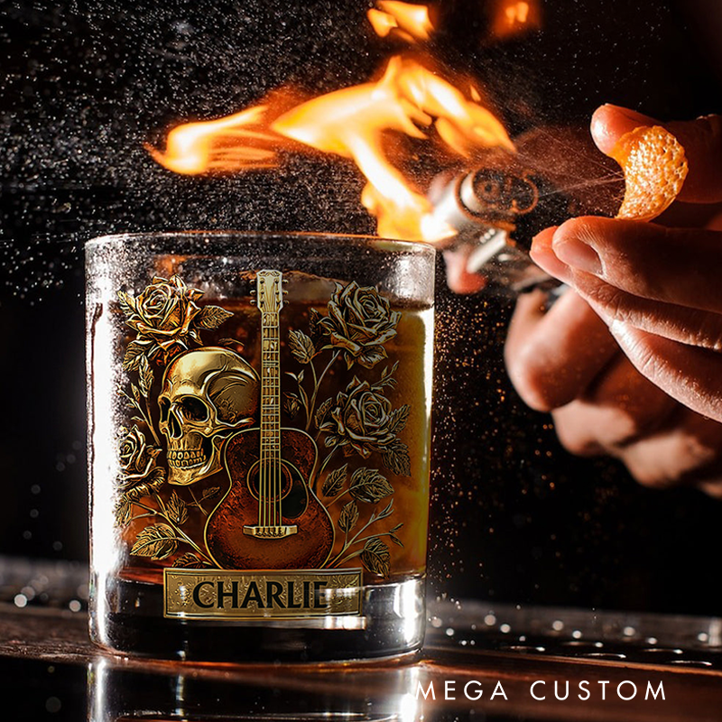 Personalized Name Guitar Skull & Roses Whiskey Glass for Music Lover