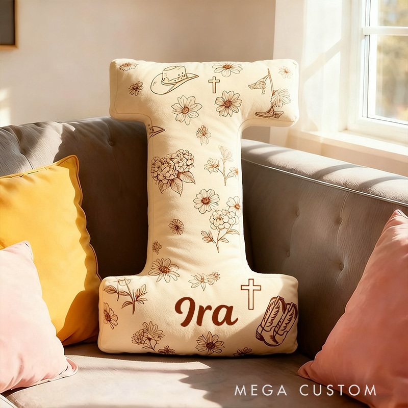 Personalized Rustic Cross Letter Pillow with Custom Name Home Decor Vintage Cowboy Hat Boot Flower Pillow Religious Christian Gift
