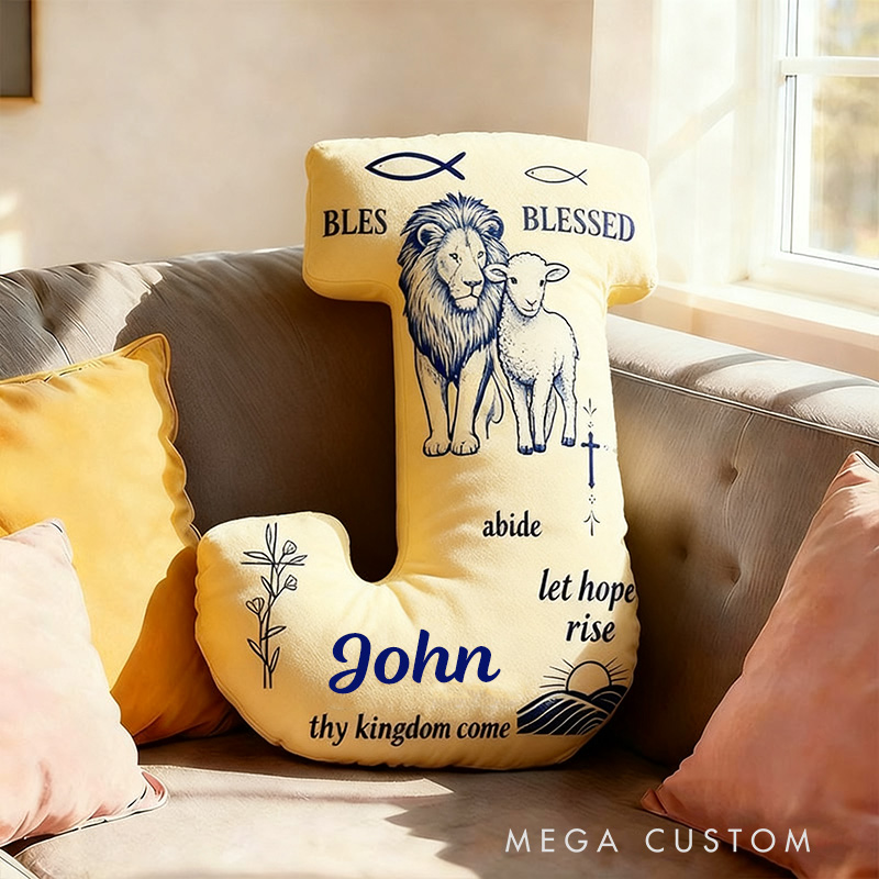 Personalized Lion and Lamb Blessed Letter Pillow with Custom Name Home Decor Fish Cross Olive Branch Pillow Religious Christian Gift