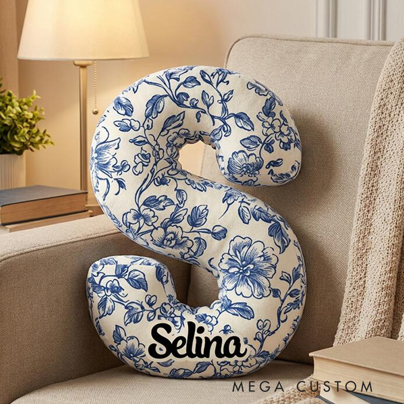 Personalized Blue Floral Pattern Initial Pillow with Custom Name Graphic 3D Print Pillow for Gardening Lovers