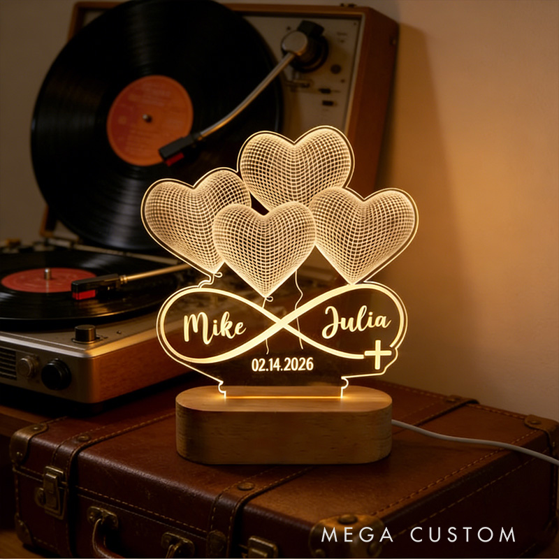 Personalized Infinity Heart Cross 3D Illusion LED Lamp with Wooden Base with Custom Names and Date Valentines Gift for Couple Anniversary Gift