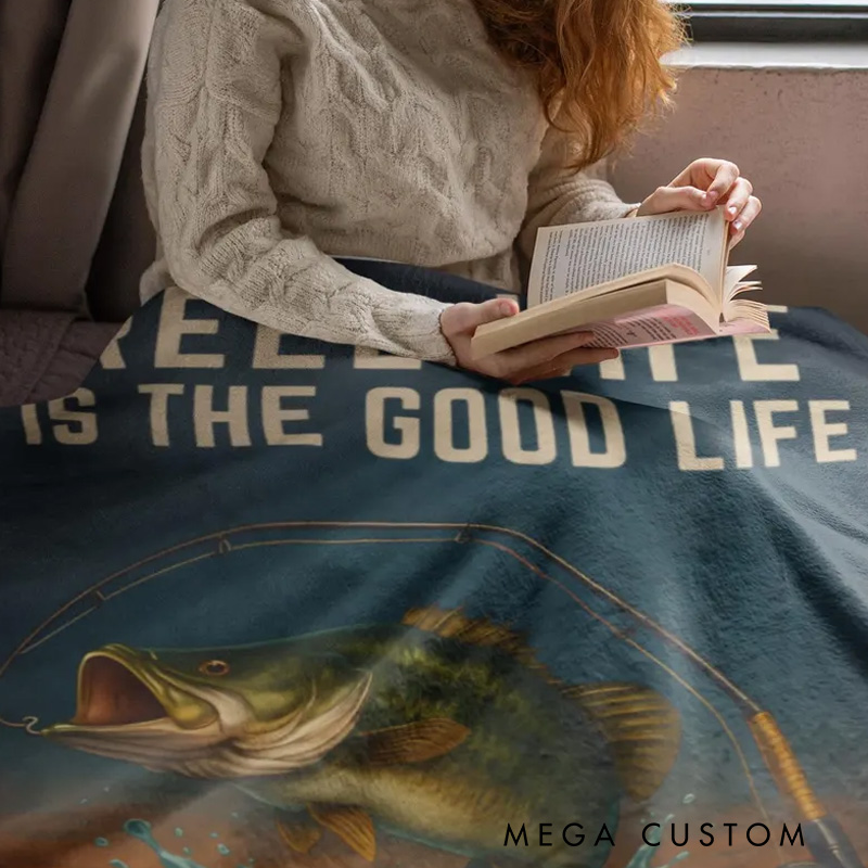 Personalized Fishing Blanket Reel Life Is the Good Life Custom Name Blanket for Dad Fisherman Gift Bass Fish Throw Lake Cabin Decor