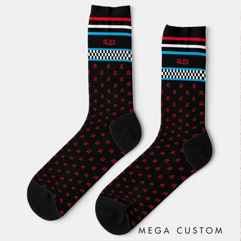 Personalized Checkered Flag Custom Name Socks Personalized Monogram Racing Style Blue and Red Pattern Socks Gift for Car Lovers