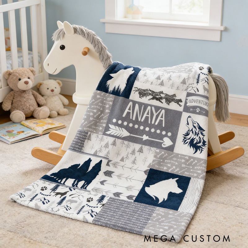 Personalized Kid Blanket with Name Custom Woodland Wolf Blanket Adventure Outdoors Gift for Kid