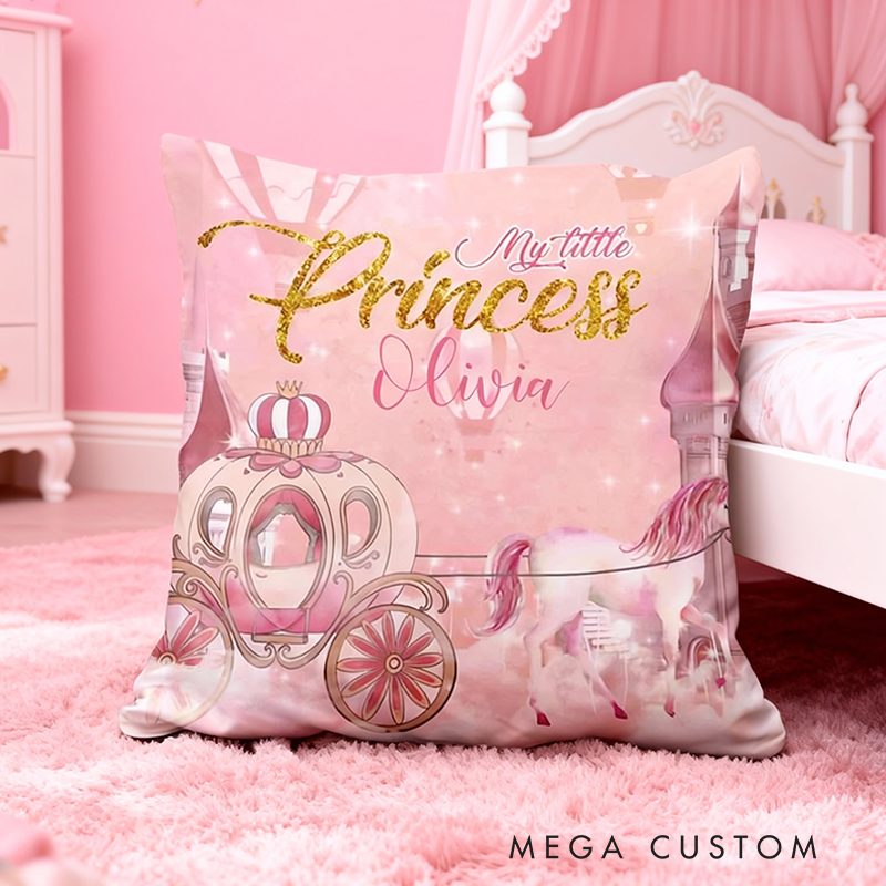 Personalized Little Princess Cushion Royal Carriage Pillow Girl Nursery Decor Pink Castle Baby Shower Gift for Kids