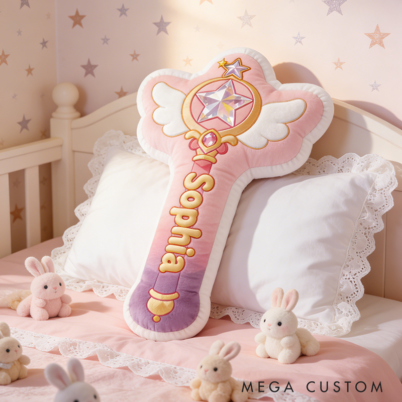 Personalized Pink Magical Wand Moon Shape Custom Name Soft Decorative Gift Fantasy Princess Style Cozy Girls Room DreamyGraphic 3D Print Pillow