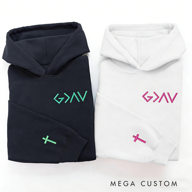 Personalized God is Greater than the Highs and Low Embroidered Hoodies with Custom Name Cross on Sleeve Couple Matching Sweatshirt Valentine Day Gift