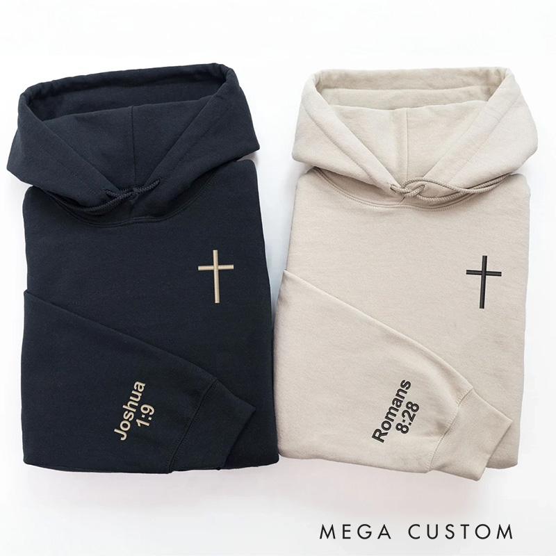 Personalized Cross Embroidered Hoodies with Custom Bible Verse On the Sleeve Couple Matching Sweatshirt Valentine Day Gift Couples Gift
