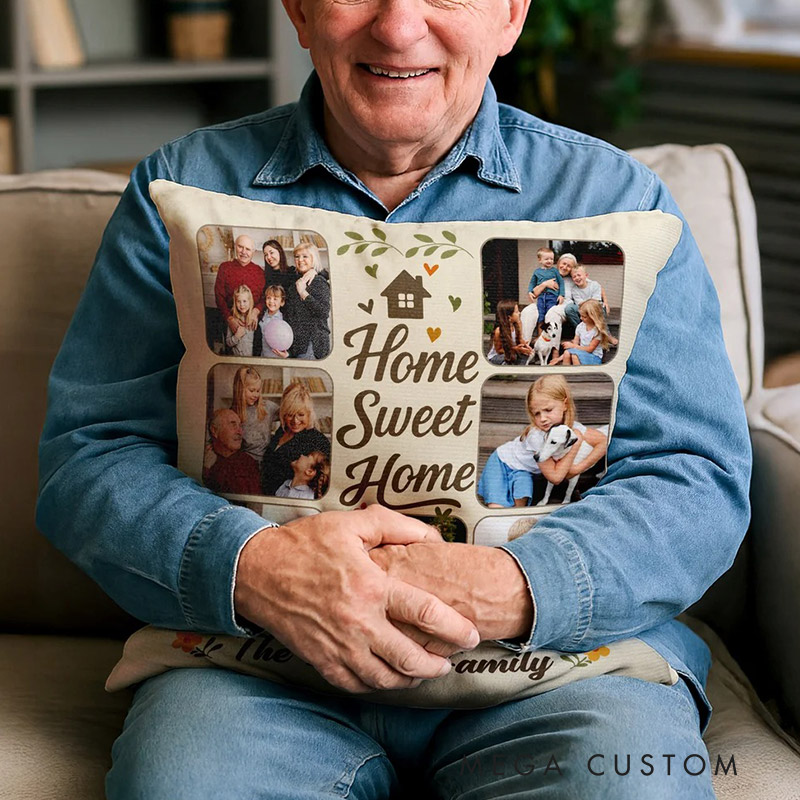 Personalized Home Sweet Home 7 Photos Soft Throw Pillow Cover with Text Home Decor Housewarming Gift for Family