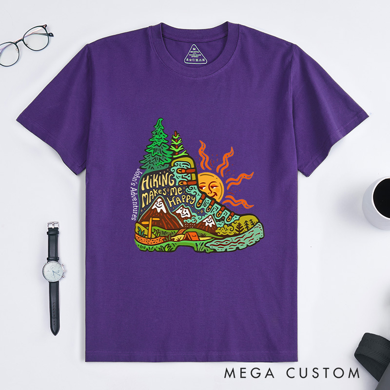 Personalized Hiking Makes Me Happy  T-Shirt Exploring Scenery Camping Adventure T-Shirt for Nature Travelers Outdoors Lover Gift
