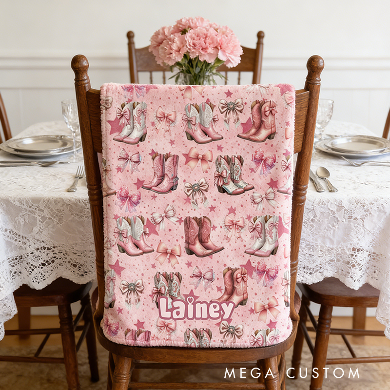 Personalized Pink Coquette Cowgirl Blanket Boots & Bows Pastel Western Custom Name Gift