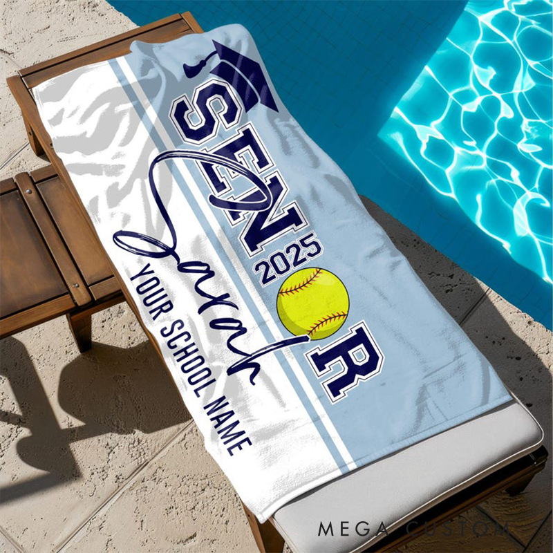 Personalized Senior 2025 Sports Beach Towel with Custom Name School Name Graduation Cap Design and Choice of Sports Ball