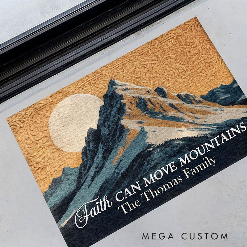 Personalized Faith can Move Mountains Doormat with Custom Family Name Non-Slip Durable Front Door Decor Religious Gift for Faithful Family
