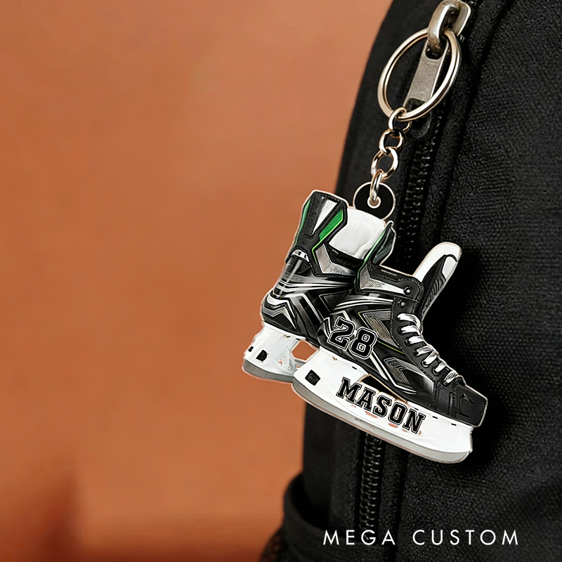 Personalized Ice Hockey Skate Keychain with Custom Name and Number Design