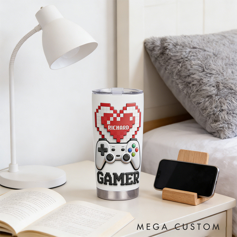Personalized 2D Flat Pixel Heart 20oz Tumbler Gamer Stainless Steel Tumbler Player Controller Video Game Tumbler Gamer Gift