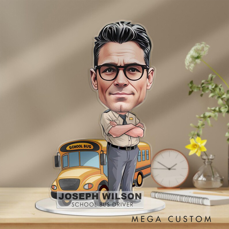 Personalized School Bus Driver Acrylic Figurine Custom Cartoon Portrait Desk Nameplate Funny Caricature Plaque Gift For Teacher Dad Or Coworker