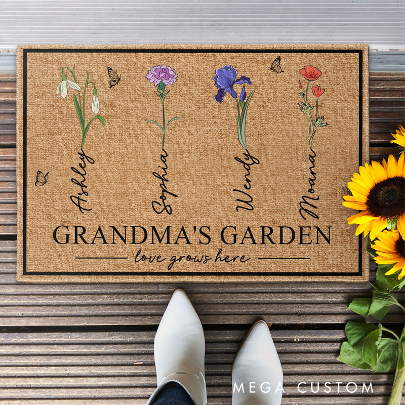 Personalized Grandma's Garden Doormat Custom Birth Flower Welcome Mat with Name for Mom Grandma Gardening Lover Family Grandma