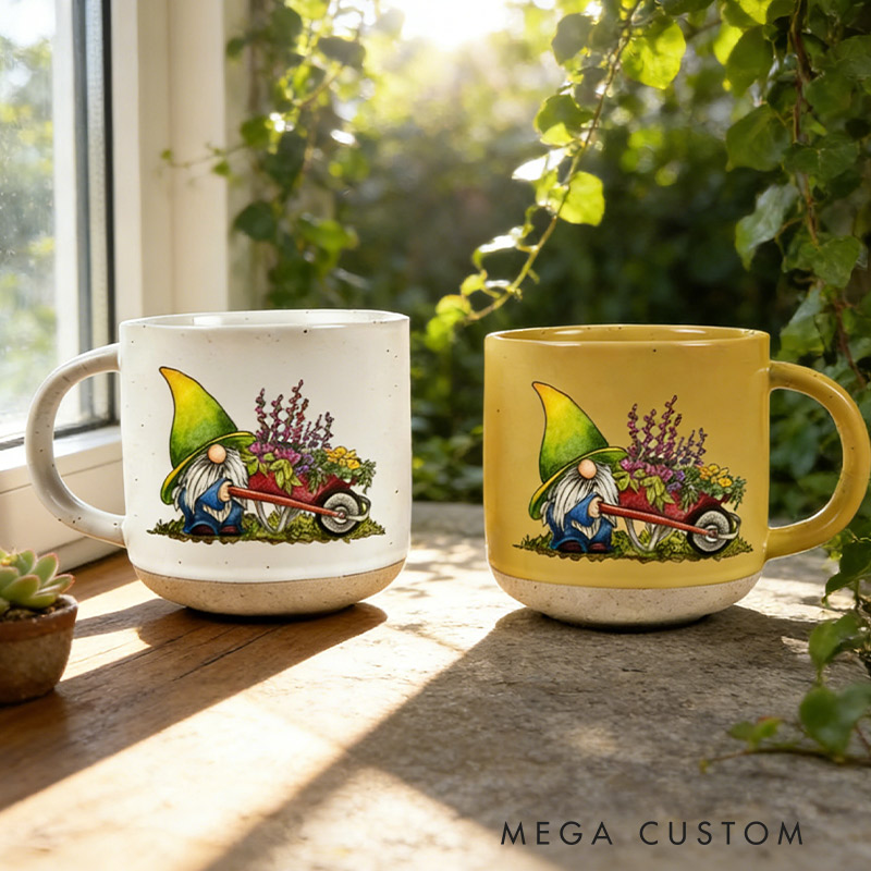 Personalized Gnome Garden Delight Ceramic Mug Custom Pottery Mug with Name Gift for Gardening Lovers