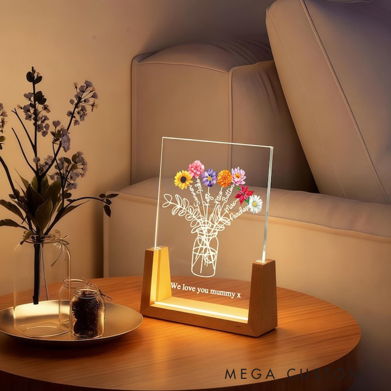 Personalized Family Bouquet Night Light Mothers Day Gift Mum's Bunch with Kids Name Birth Flower Lamp Gift for Mom 