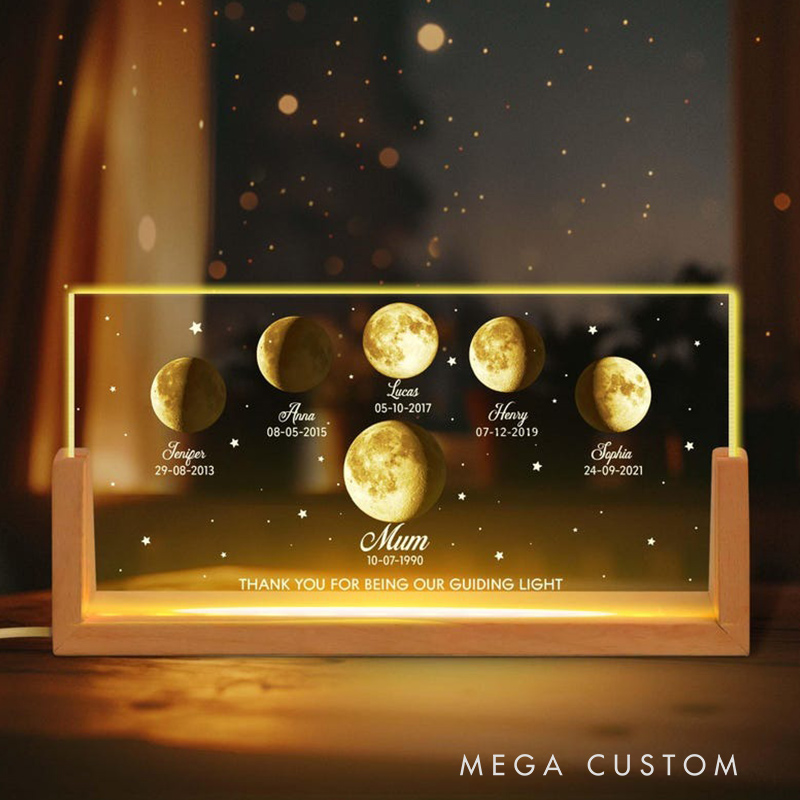 Personalized Moons Phase with Kids Names Custom Moons Phase LED Night Light Mother’s Day Gifts Gift for Mama