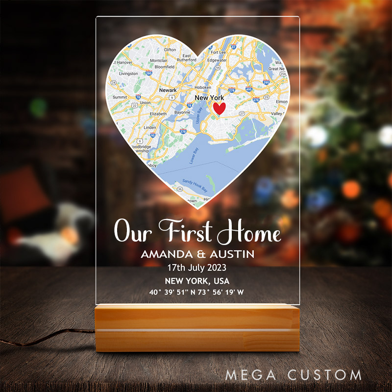 Personalized First Home Heart Map Plaque Custom LED Night Light for Couples Valentine’s Day Gift Housewarming Gift