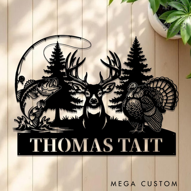 Personalized Hunting Name Metal Sign Custom Deer Turkey & Bass Fishing Wall Art Outdoor Hunting Decor Hunter Gift Name Sign
