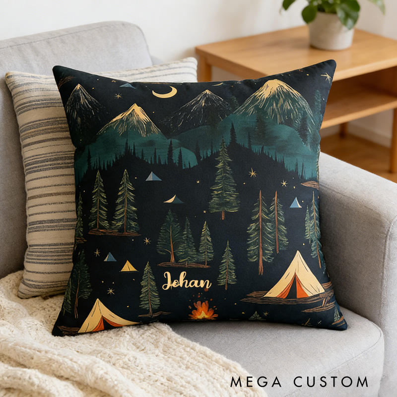 Personalized Cozy Camping Pillow Outdoor Adventure Decor Rustic Mountain Cushion Gift for Nature Lovers Travel Outdoors Lover Gift