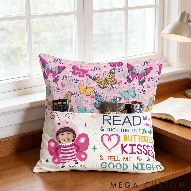 Personalized Photo Book And Butterfly Kisses Pocket Pillow with Name for Bookish Kids Book Lover Reading Lover