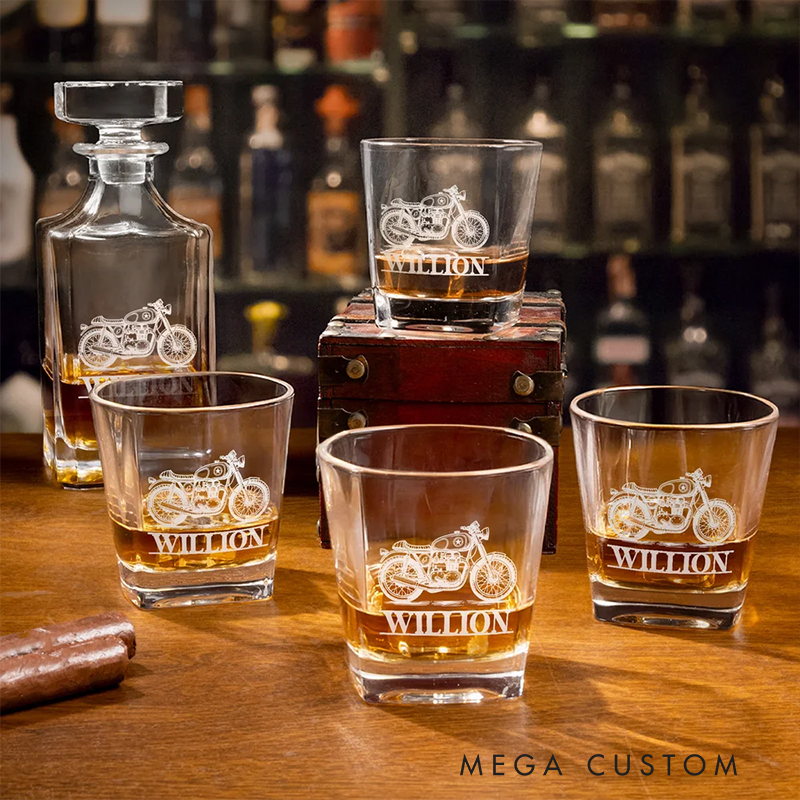 Personalized Motorcycle Gifts Custom Engraved Whiskey Decanter and Glass Set with Name Wooden Box for Biker and Whiskey Lovers