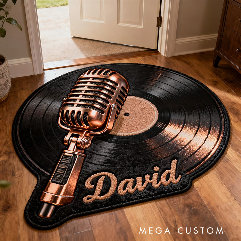 Personalized Record And Microphone Rug for Music Lovers Gift for Kids Singer Music Studio