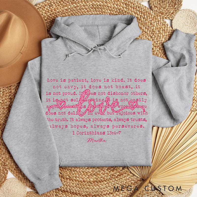 Personalized Love is Patient Love is Kind Classic Hoodies with Custom Name Retro Love Leopard Christian Valentine Sweatshirt Valentine's Day Gift