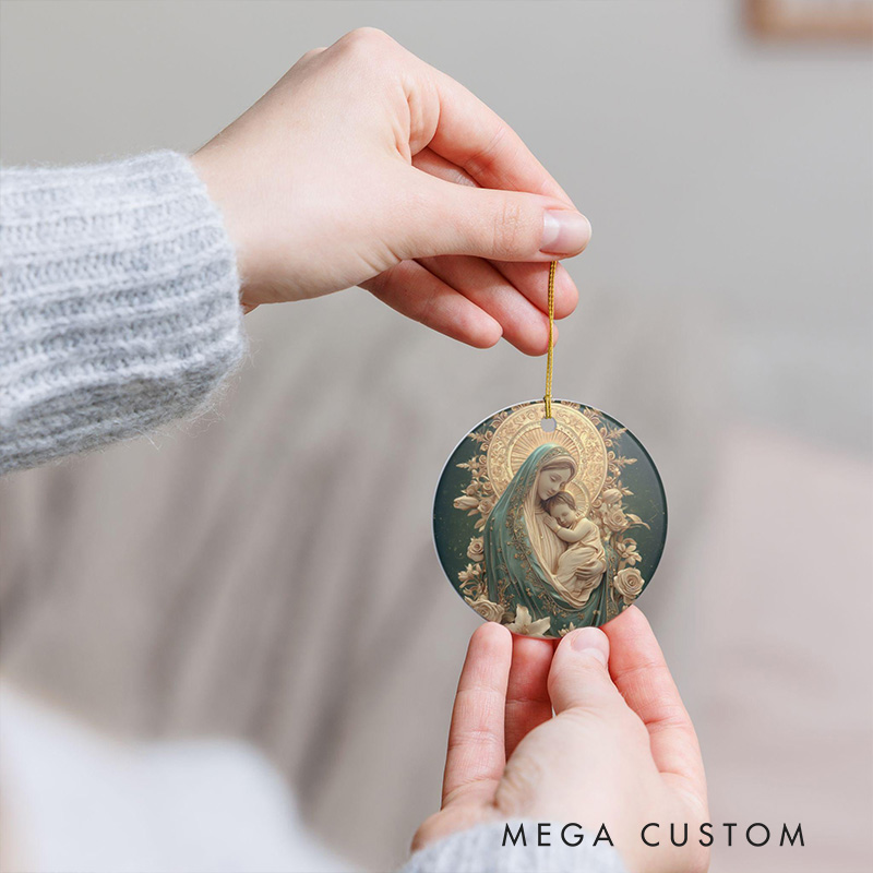 Personalized Our Lady of Joy Catholic Ceramic Christmas Ornament with Custom Name Madonna & Child Relief Style Catholic Ornament Gift Mom Gift
