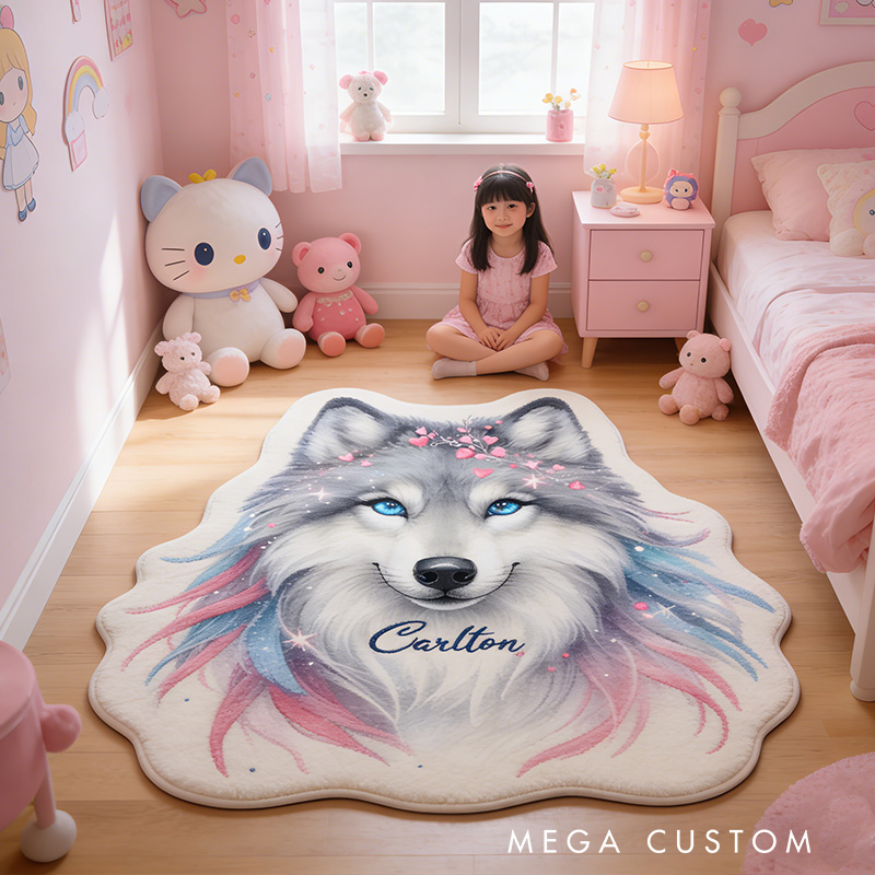 Personalized Custom Watercolor Wolf Rug for Kids' Room Nature Lovers Rug Gift for Wildlife Outdoors