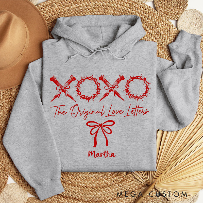 Personalized XOXO the Original Love Letters Classic Hoodies with Custom Name Retro Valentine Bow Sweatshirt Christian Valentine's Day Gift