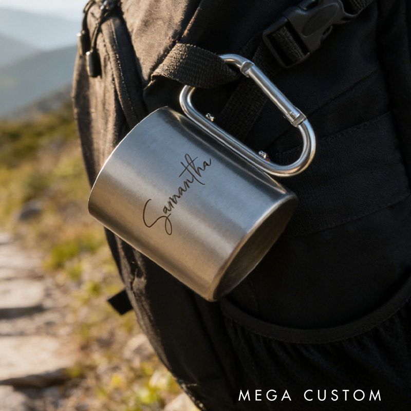 Personalized Camping Mug Engraved Stainless Steel Carabiner Mug Backpacker Mountain Climber Mug gift for hiking Outdoors 