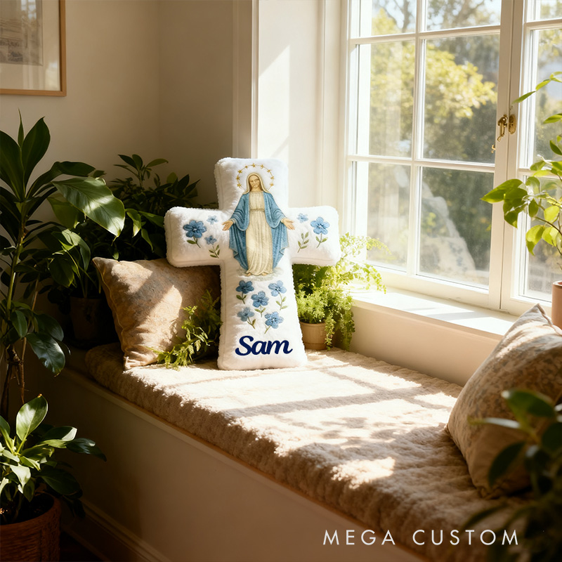 Personalized Catholic Virgin Mary Cross Pillow with Custom Name Home Decor Our Lady Pillow Blue Floral Catholic Marian Pillow Christian Gift for Women