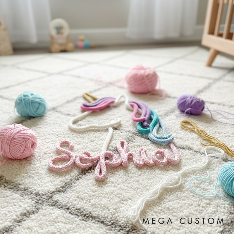 Personalized Handcrafted Unicorn Yarn Name Sign Custom Nursery Wall Decor for Babies & Kids Perfect Keepsake Gift