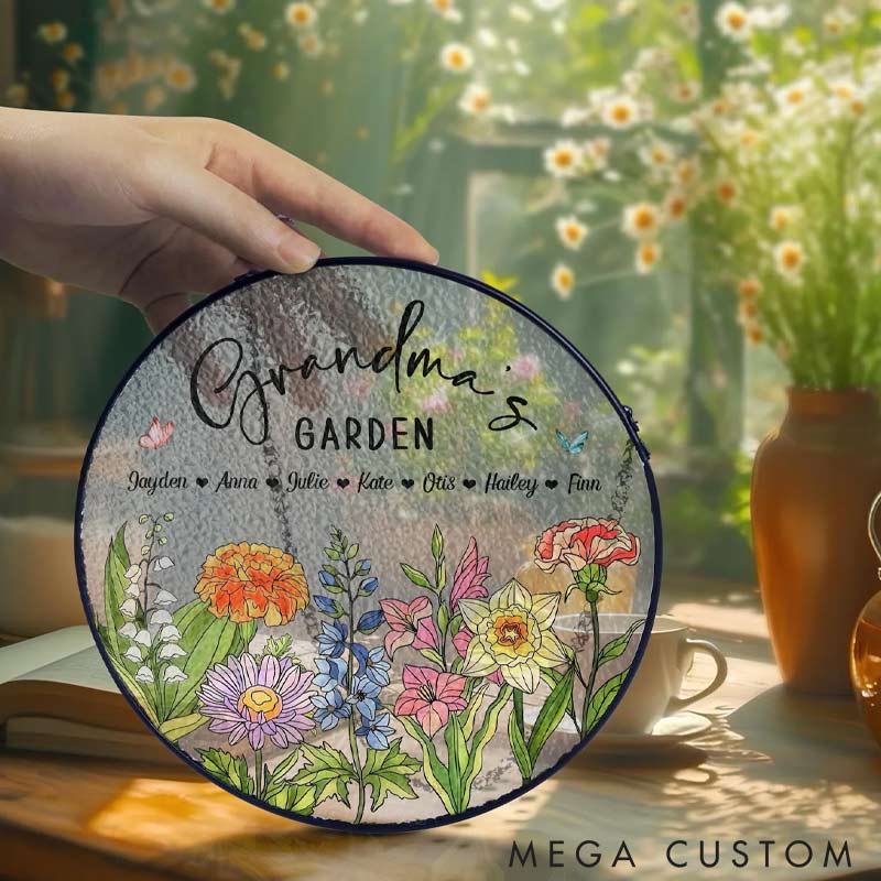 Personalized Birth Flowers Glass Art Suncatcher Grandma's Garden Gift with Name for Gardening Lovers